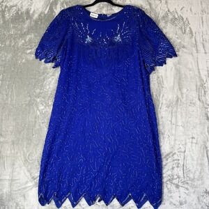 VTG Denise Elle 100% Silk Beaded Dress Womens 2X Blue Cocktail Formal Evening
